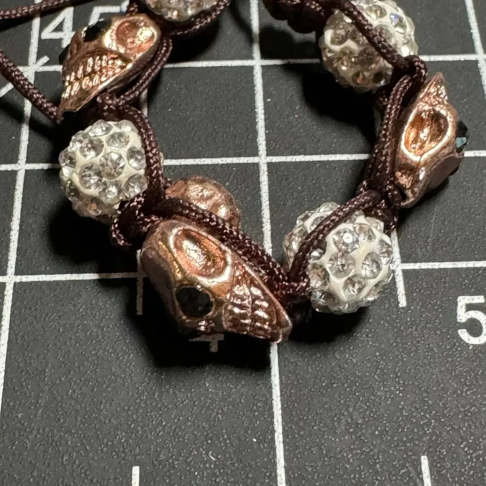 Rose Gold Tone Skull Bracelet with Crystal Rhinestone Beads and Adjustable Cord